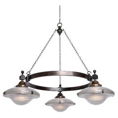 Rare Pair Of Monumental Scale Antique Holophane Bronze Ring Chandeliers