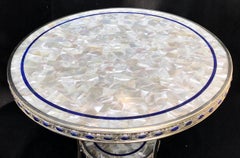 Rare Pair of Mother-of-Pearl Lapis Polished Nickel Round Two-Tier Gueridon Table