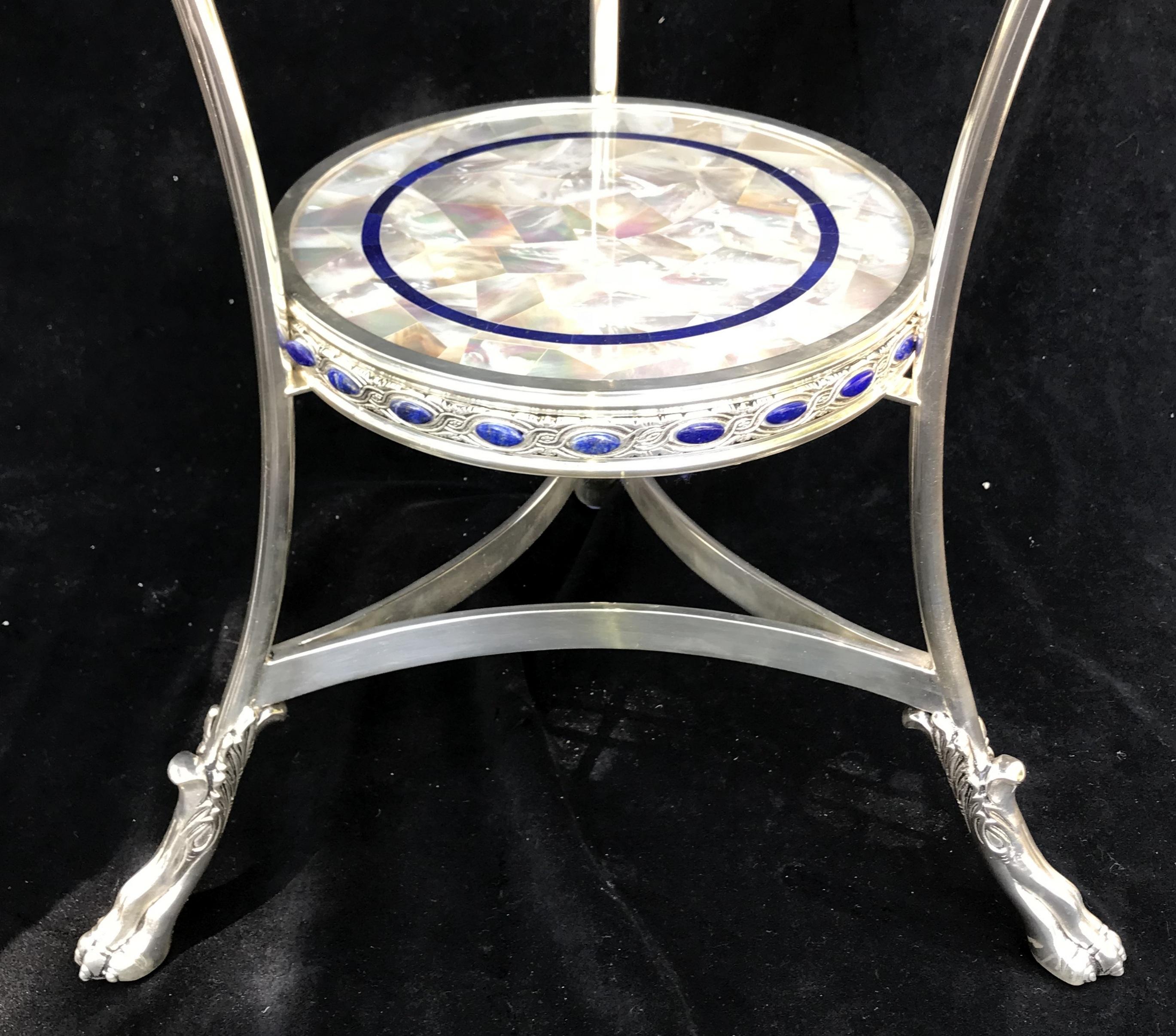 Neoclassical Rare Pair of Mother-of-Pearl Lapis Polished Nickel Round Two-Tier Gueridon Table