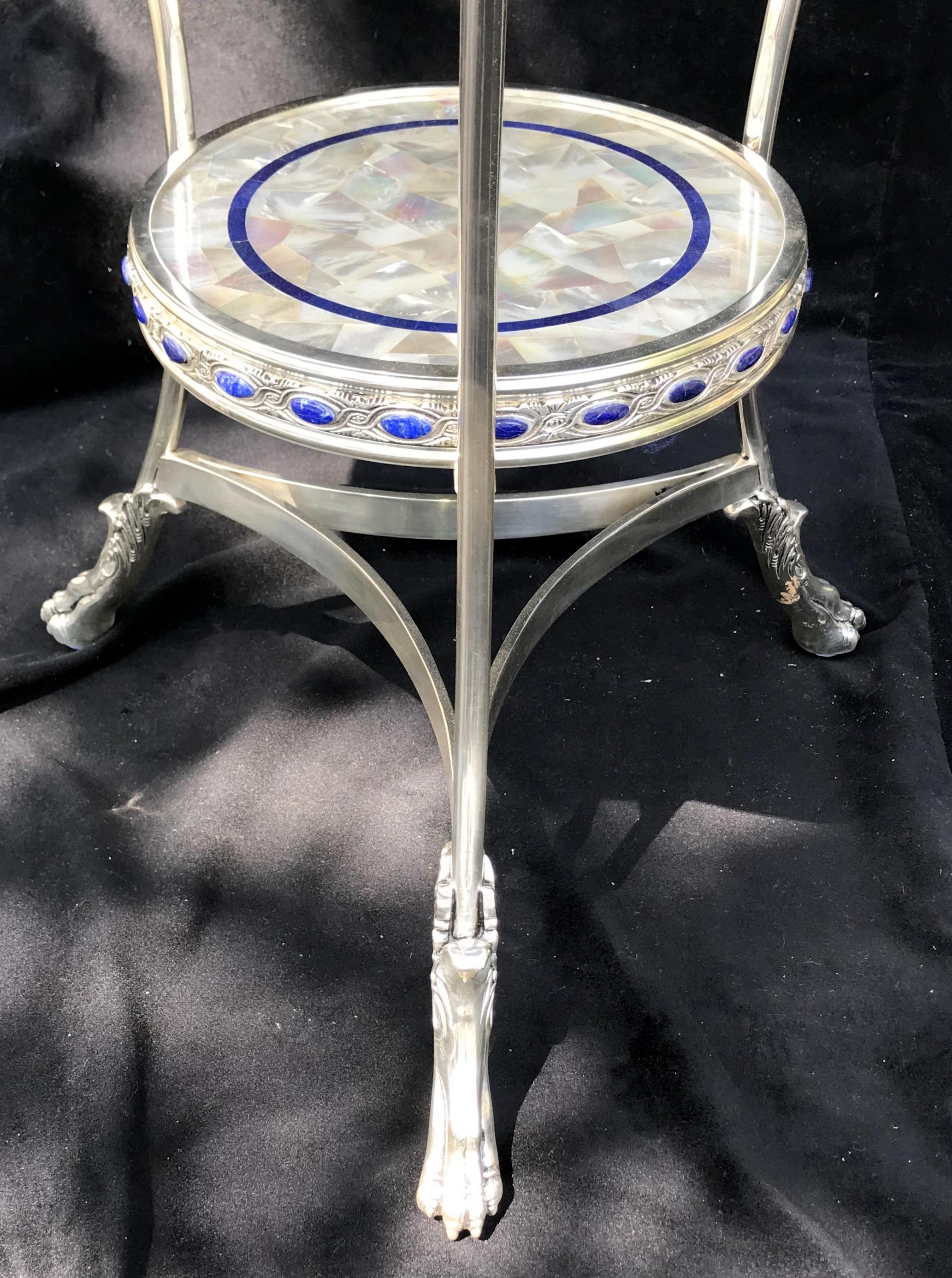 Silvered Rare Pair of Mother-of-Pearl Lapis Polished Nickel Round Two-Tier Gueridon Table