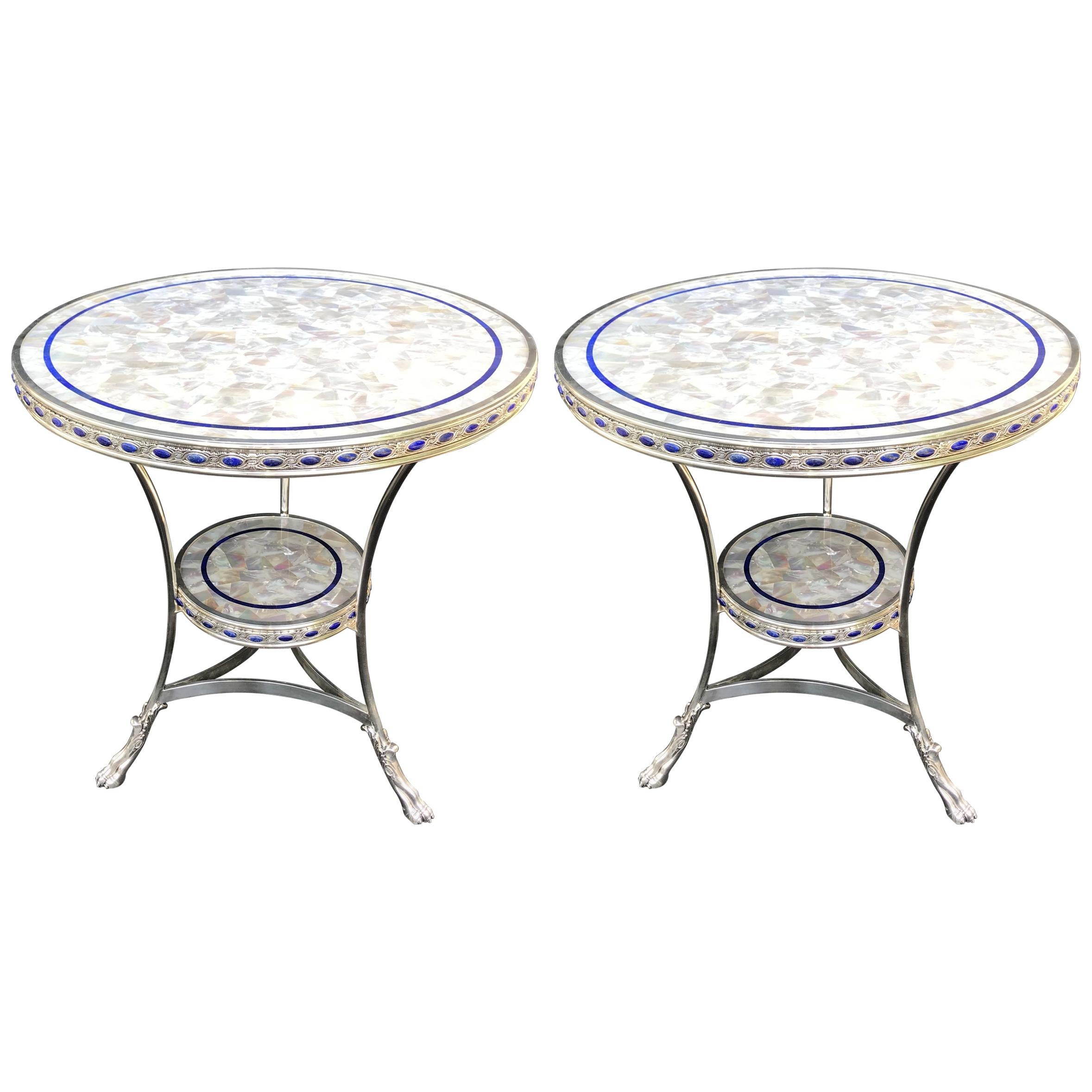 Rare Pair of Mother-of-Pearl Lapis Polished Nickel Round Two-Tier Gueridon Table