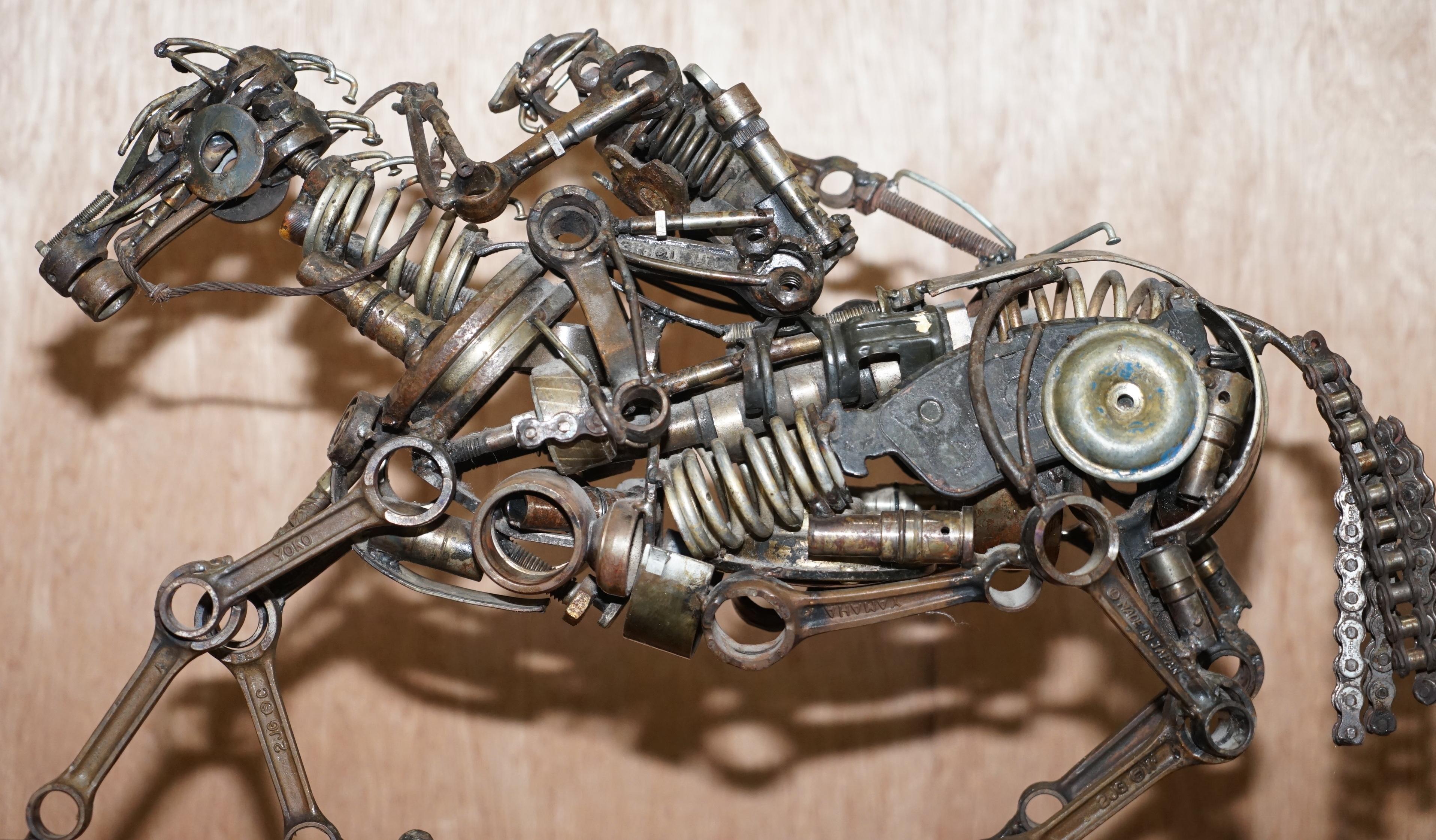 Rare Pair of Motorcycle Parts Scrap Metal Made Sculptures of Solders on Horses 4