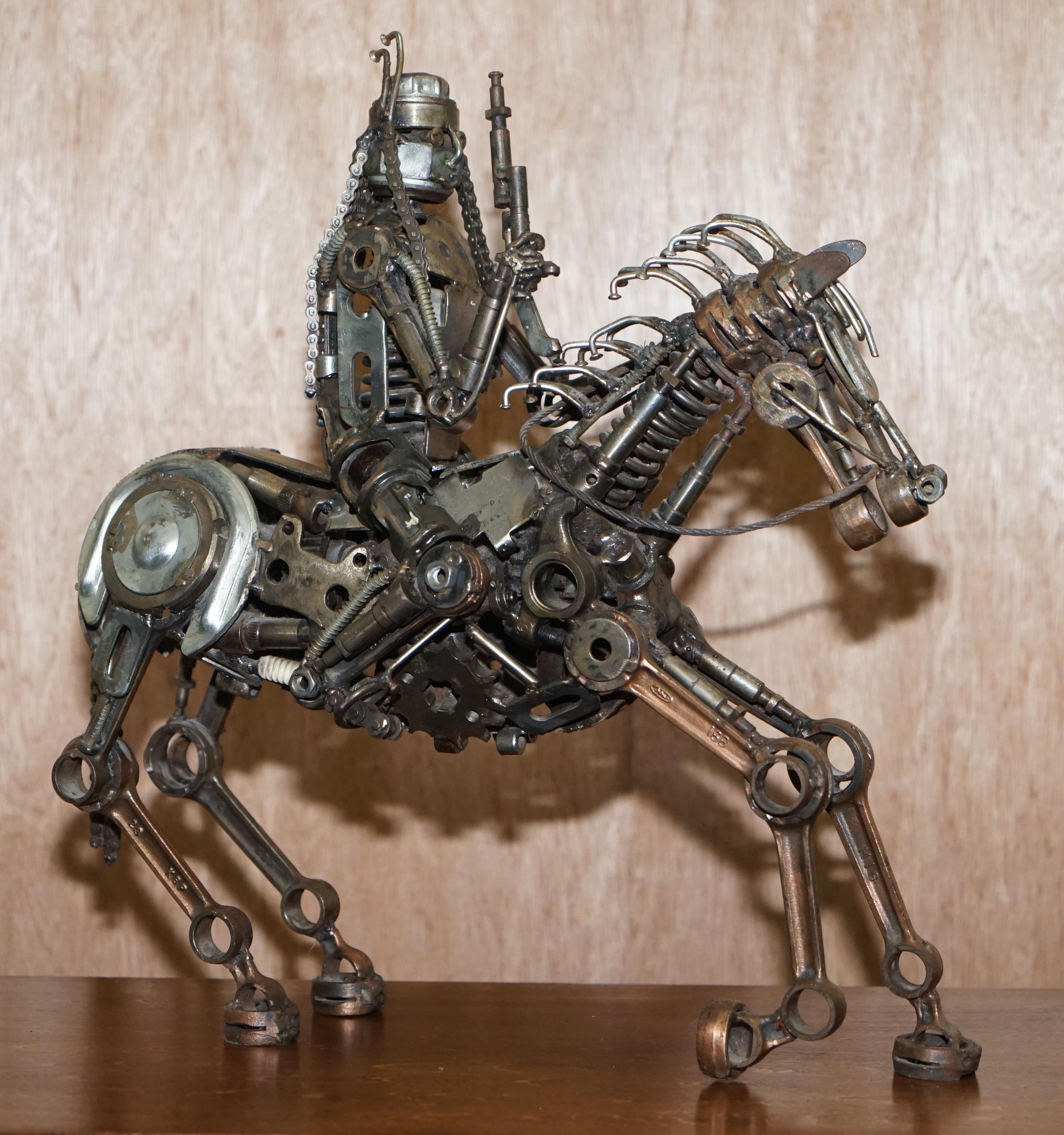 Rare Pair of Motorcycle Parts Scrap Metal Made Sculptures of Solders on Horses 6