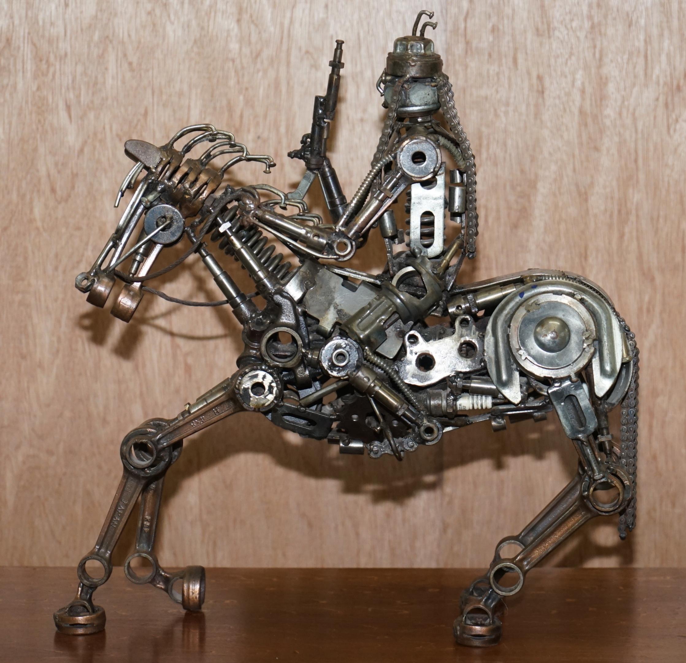 Rare Pair of Motorcycle Parts Scrap Metal Made Sculptures of Solders on Horses 14