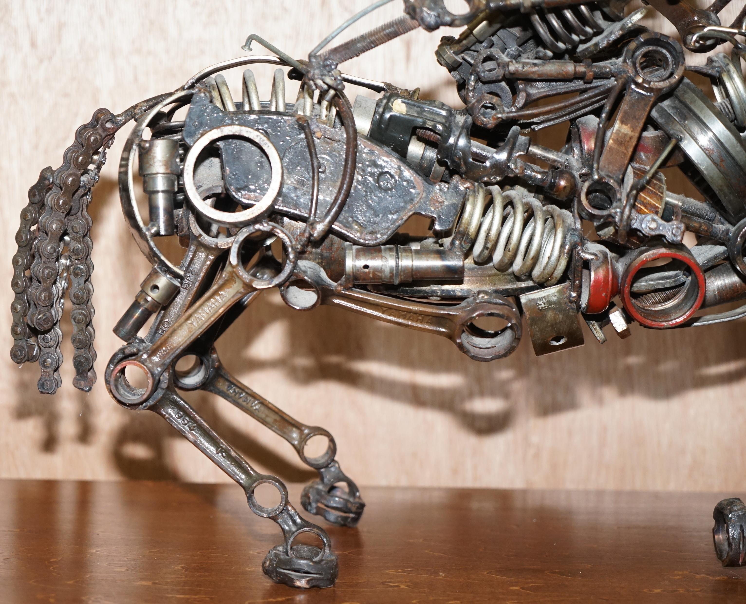 Contemporary Rare Pair of Motorcycle Parts Scrap Metal Made Sculptures of Solders on Horses