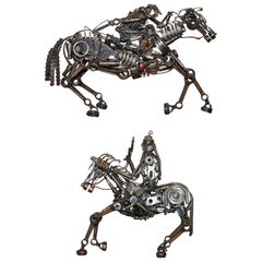 Rare Pair of Motorcycle Parts Scrap Metal Made Sculptures of Solders on Horses