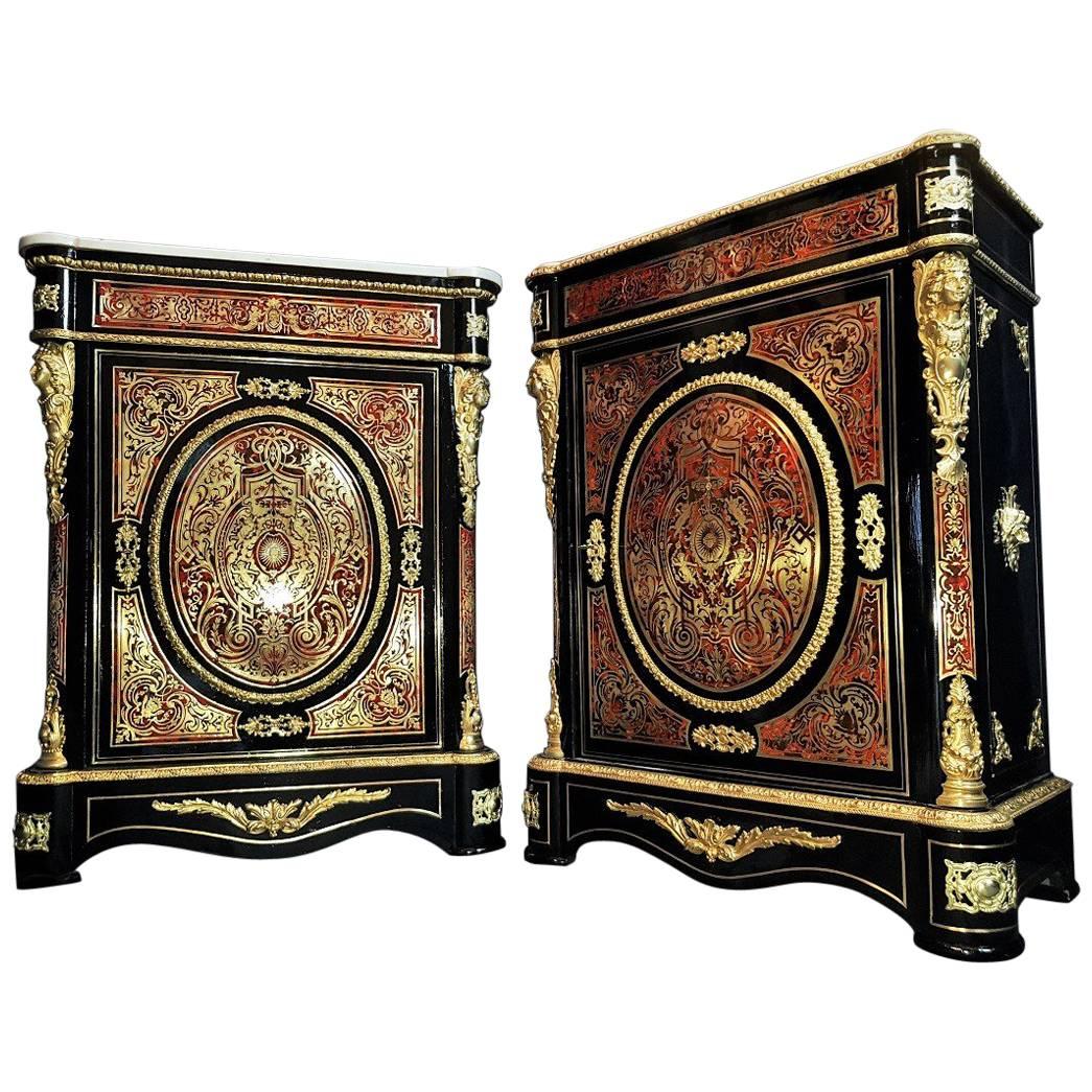 Rare Pair of Napoleon III Cabinet Buffet Boulle Style, France, 1860