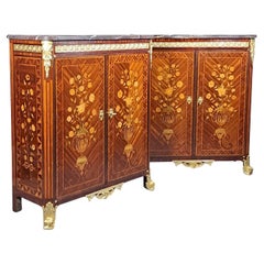 Antique Rare Pair Of Napoleon III Cabinets In Floral Marquetry And Gilt Bronze