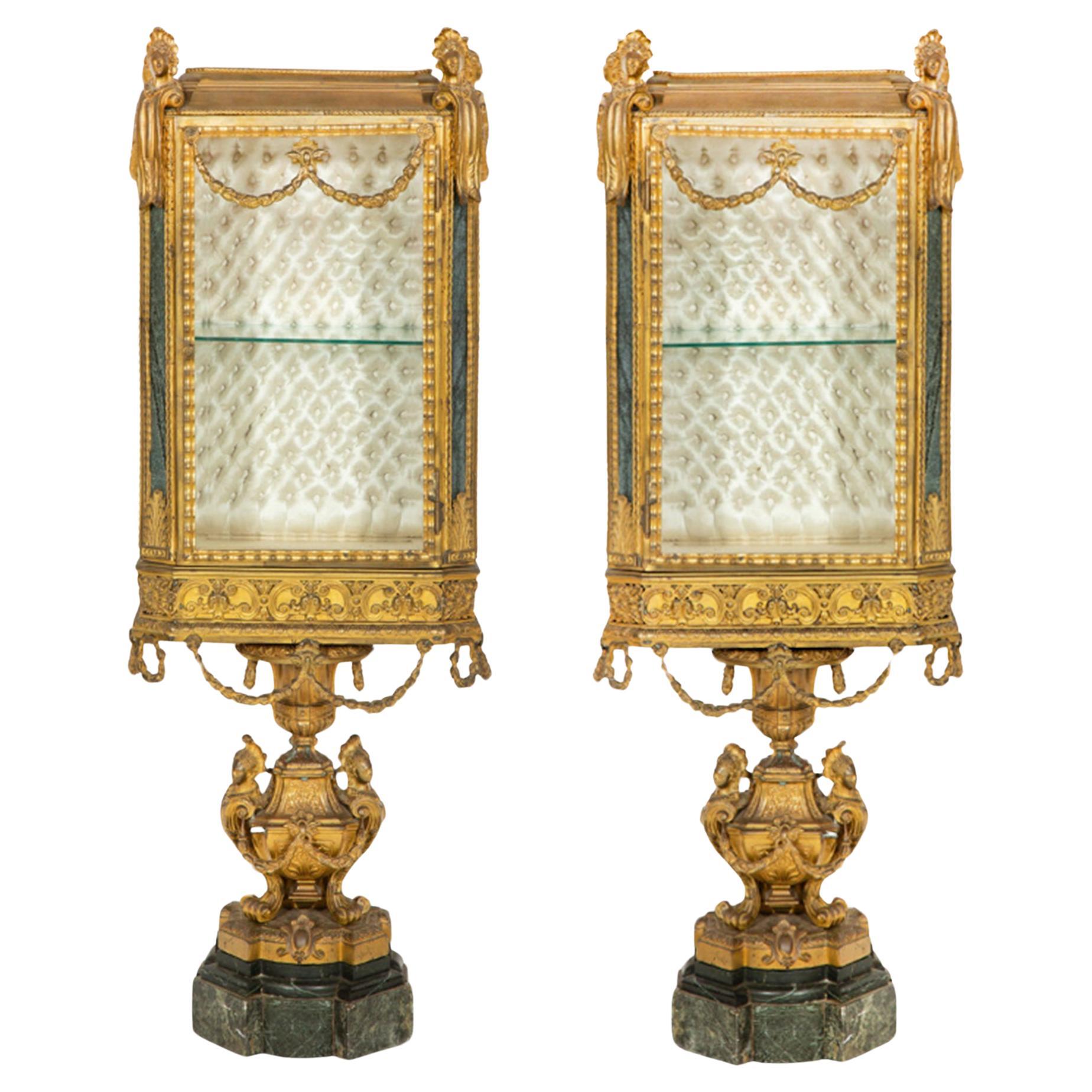 Rare Pair of Napoleon III Mascaron Vitrines in Gilt Bronze  For Sale