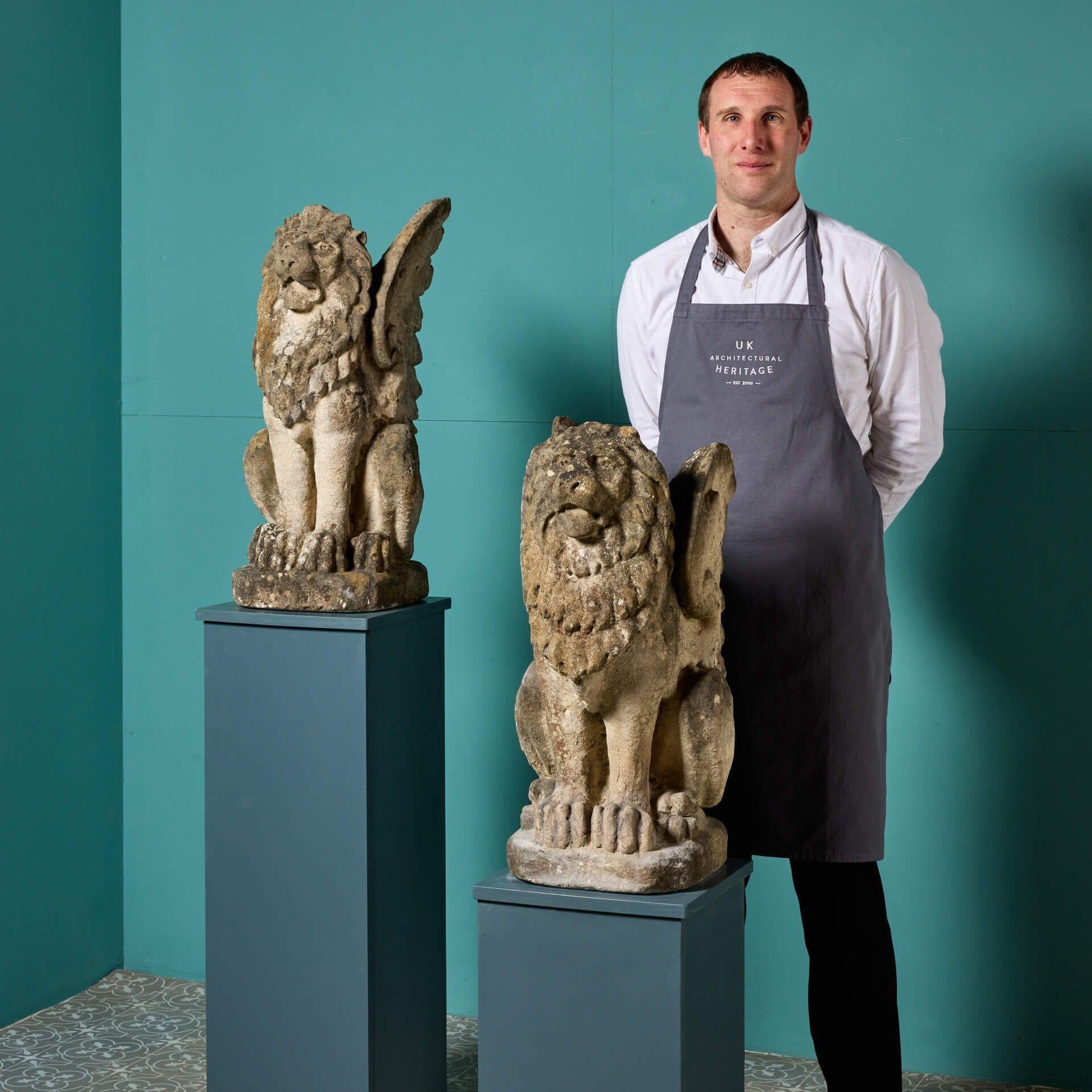 Dating from the mid 19th century, this original pair of natural limestone winged lion statues are a rare find.
Having stood the test of time for more than 170 years, each lion is beautifully weathered yet retains its core features, telling the story