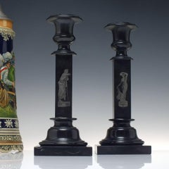 Rare Pair of Neo Classical Ashford Derbyshire Black Marble Candle Sticks, c1850