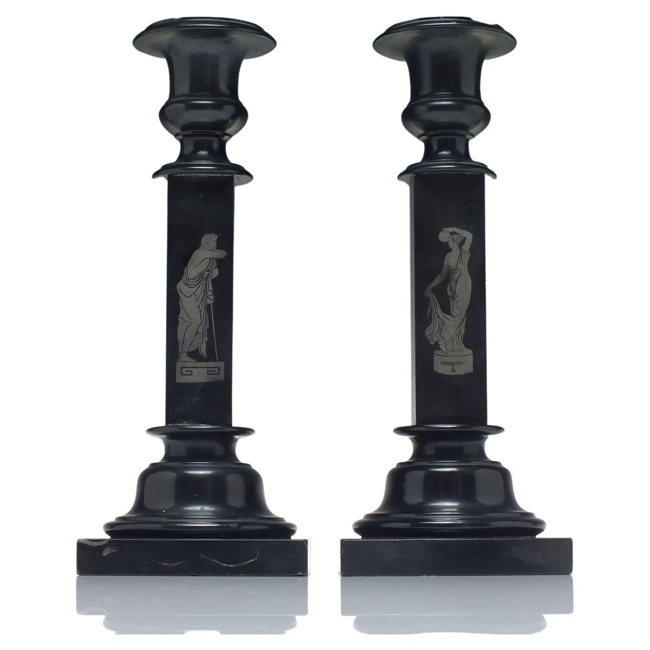 Rare Pair of Neo Classical Ashford Derbyshire Black Marble Candle Sticks, c1850 For Sale