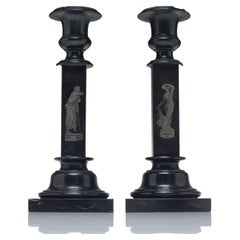 Used Rare Pair of Neo Classical Ashford Derbyshire Black Marble Candle Sticks, c1850