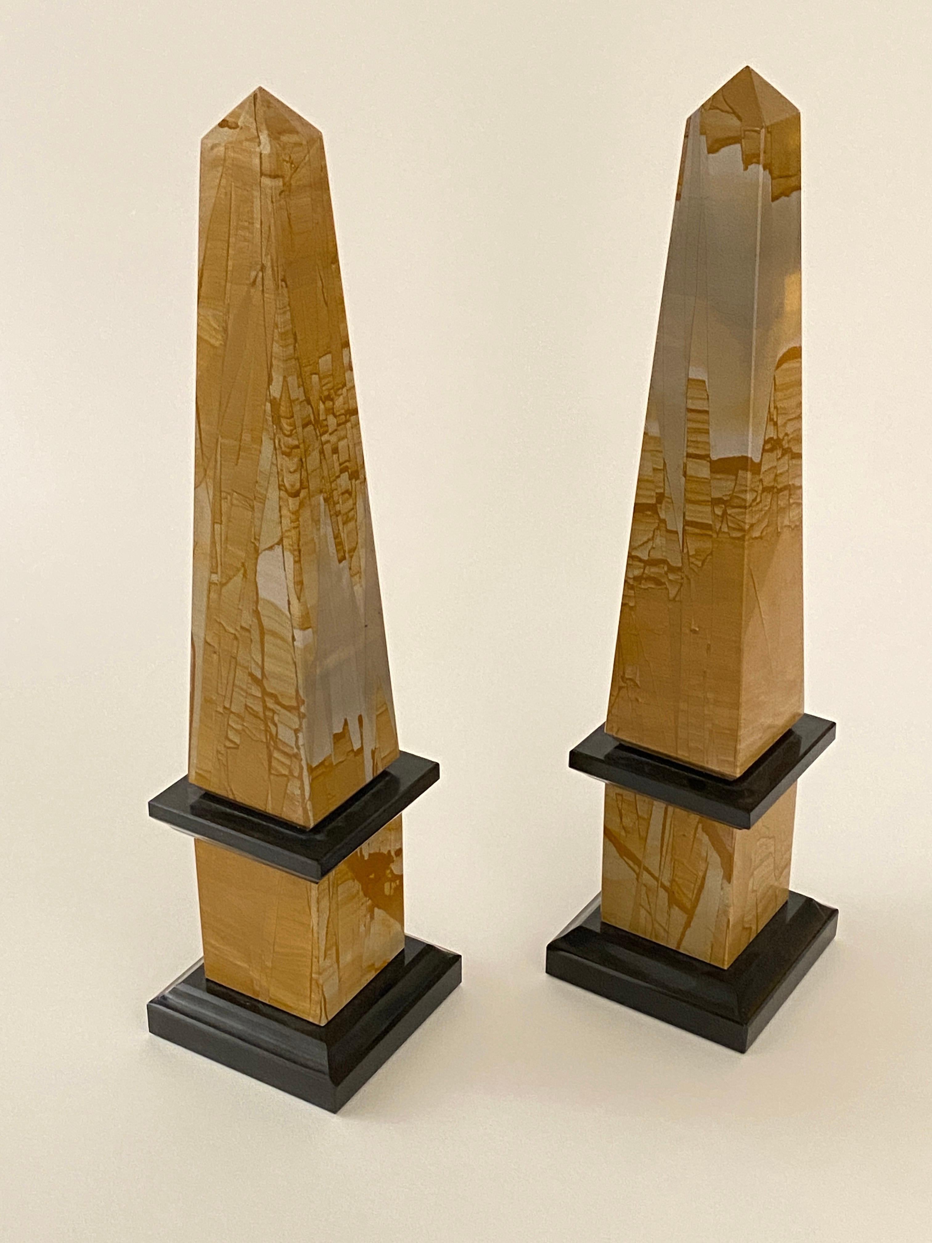 Polished Rare Pair of Neoclassical Pietra Paesine and Black Portoro Marble Obelisks