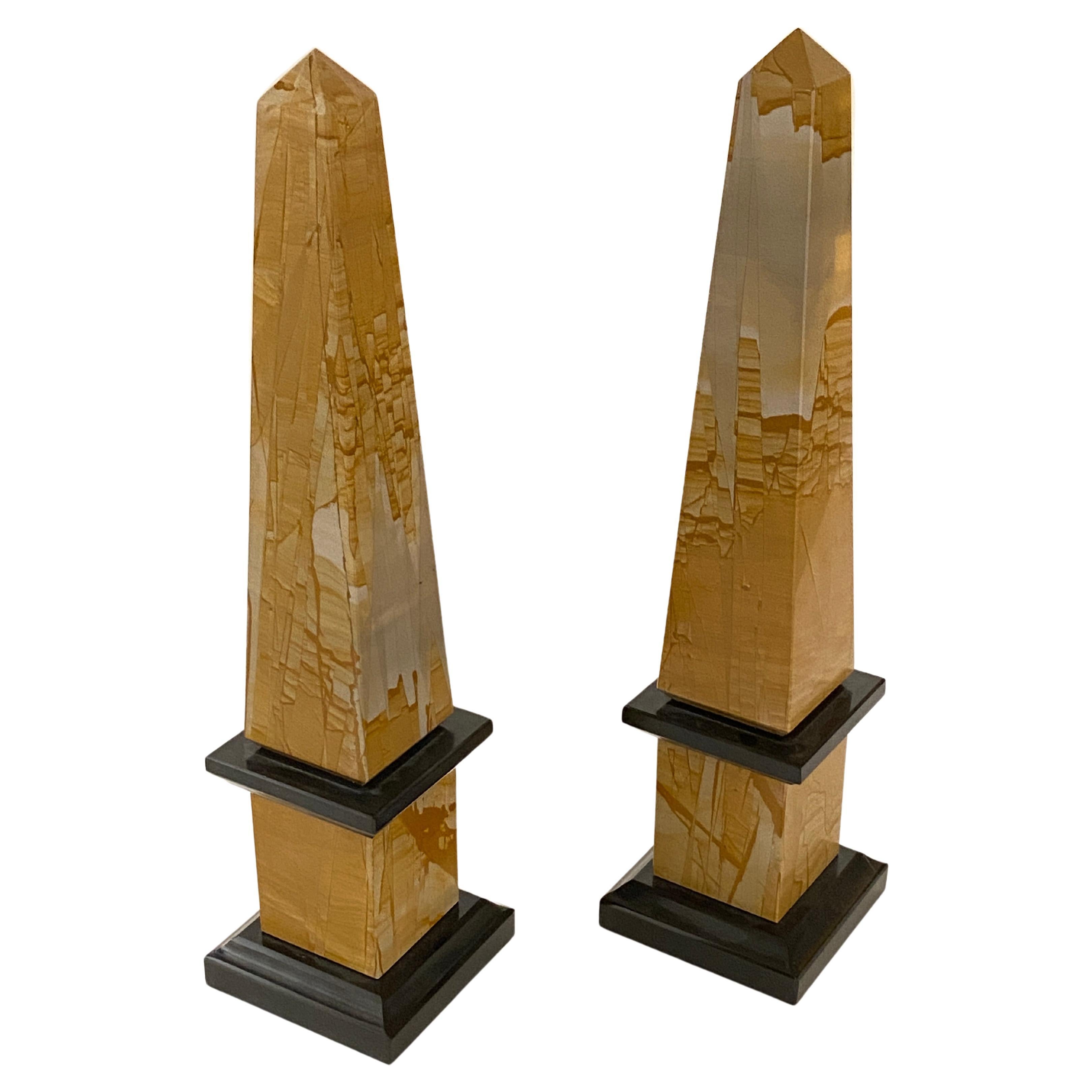 Rare Pair of Neoclassical Pietra Paesine and Black Portoro Marble Obelisks