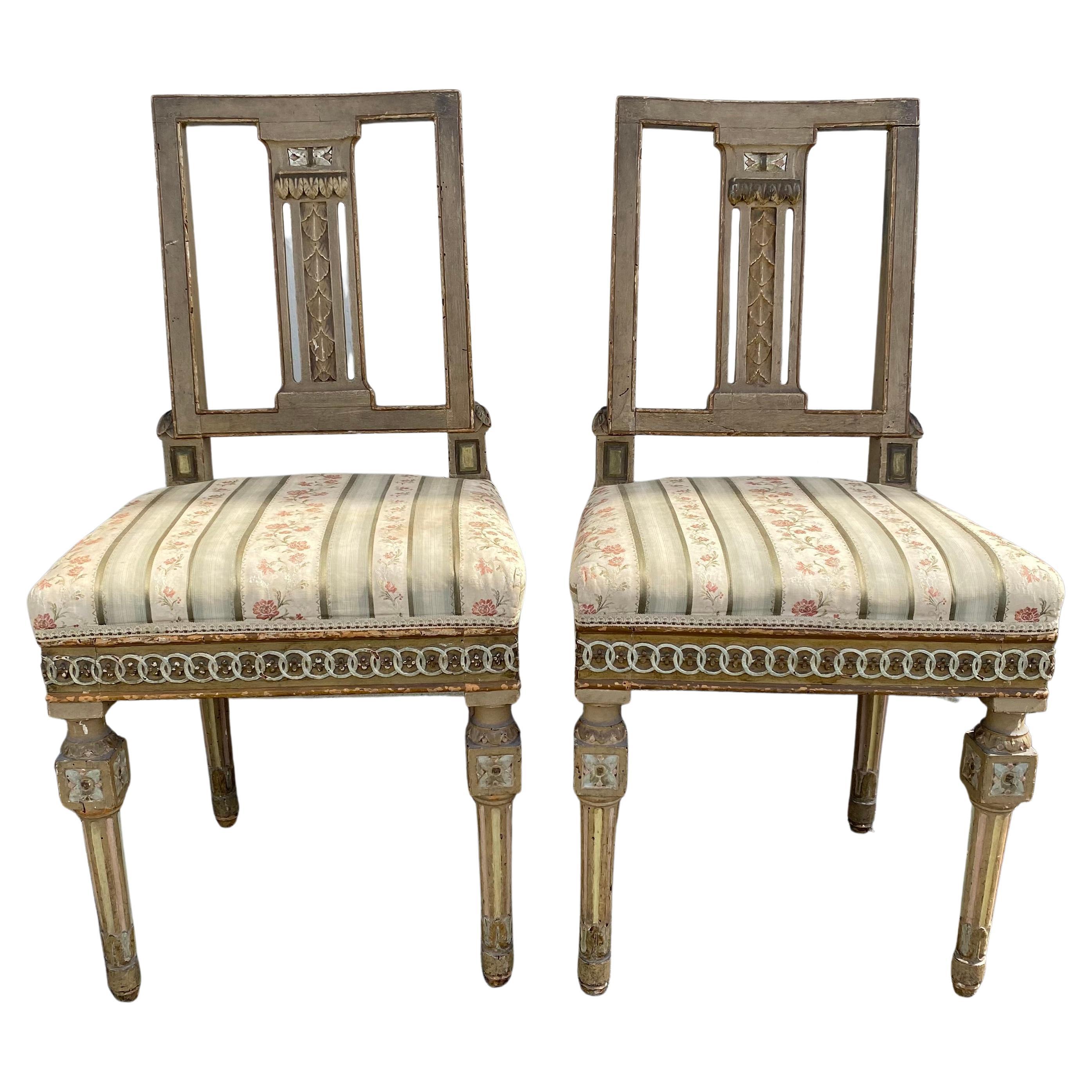 Rare Pair of Neoclassical 18th Century French Side Chairs with Original Paint