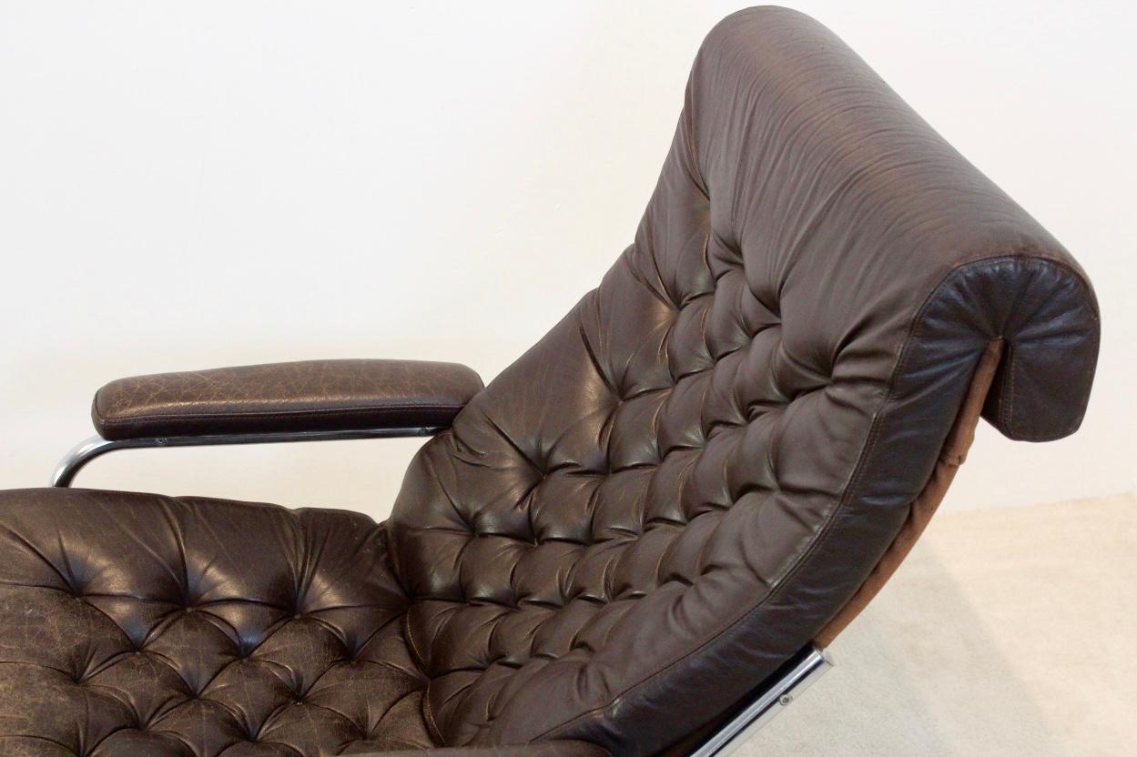 Rare Pair of Noboru Nakamura 'Bore' Leather Lounge Chairs with Footstool, 1970s For Sale 1