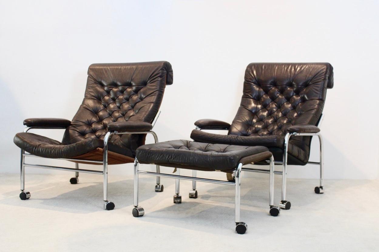 Rare Pair of Noboru Nakamura 'Bore' Leather Lounge Chairs with Footstool, 1970s For Sale 6
