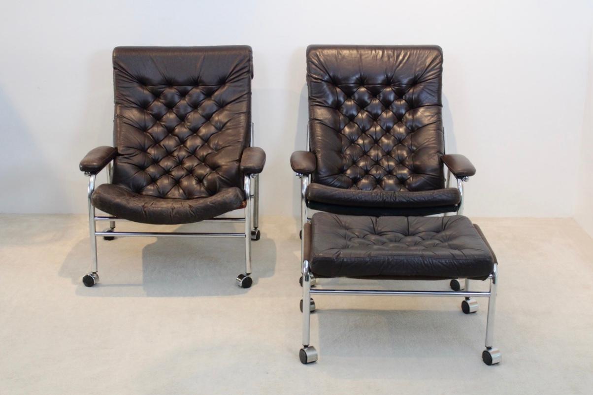 Scandinavian Modern Rare Pair of Noboru Nakamura 'Bore' Leather Lounge Chairs with Footstool, 1970s For Sale