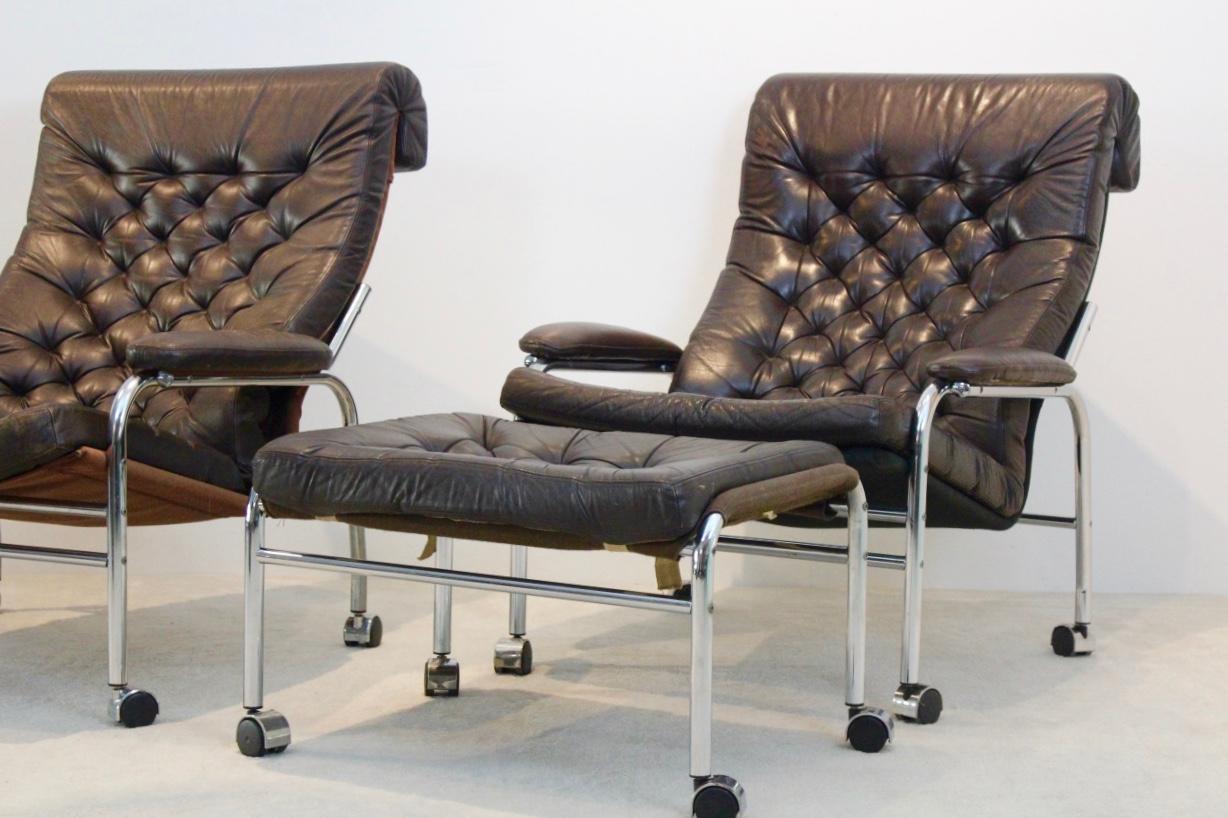 Swedish Rare Pair of Noboru Nakamura 'Bore' Leather Lounge Chairs with Footstool, 1970s For Sale