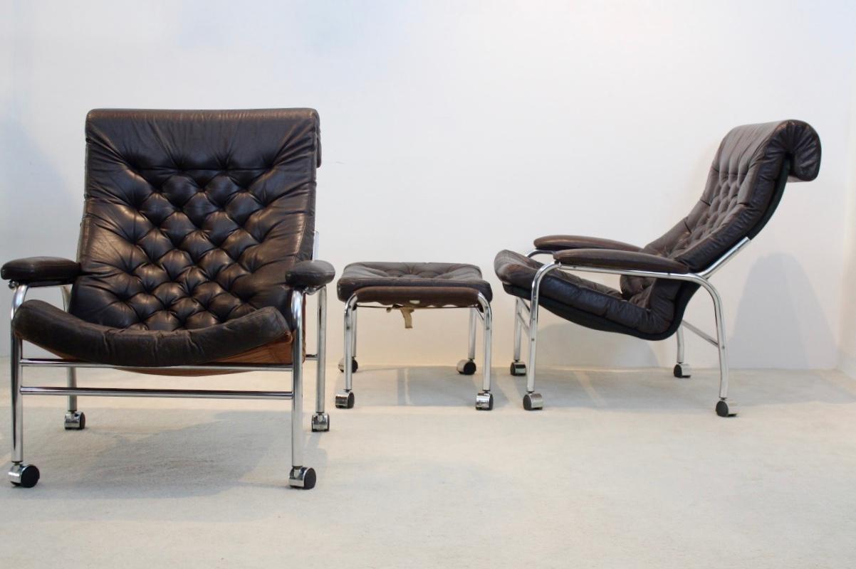 Rare Pair of Noboru Nakamura 'Bore' Leather Lounge Chairs with Footstool, 1970s In Good Condition For Sale In Voorburg, NL