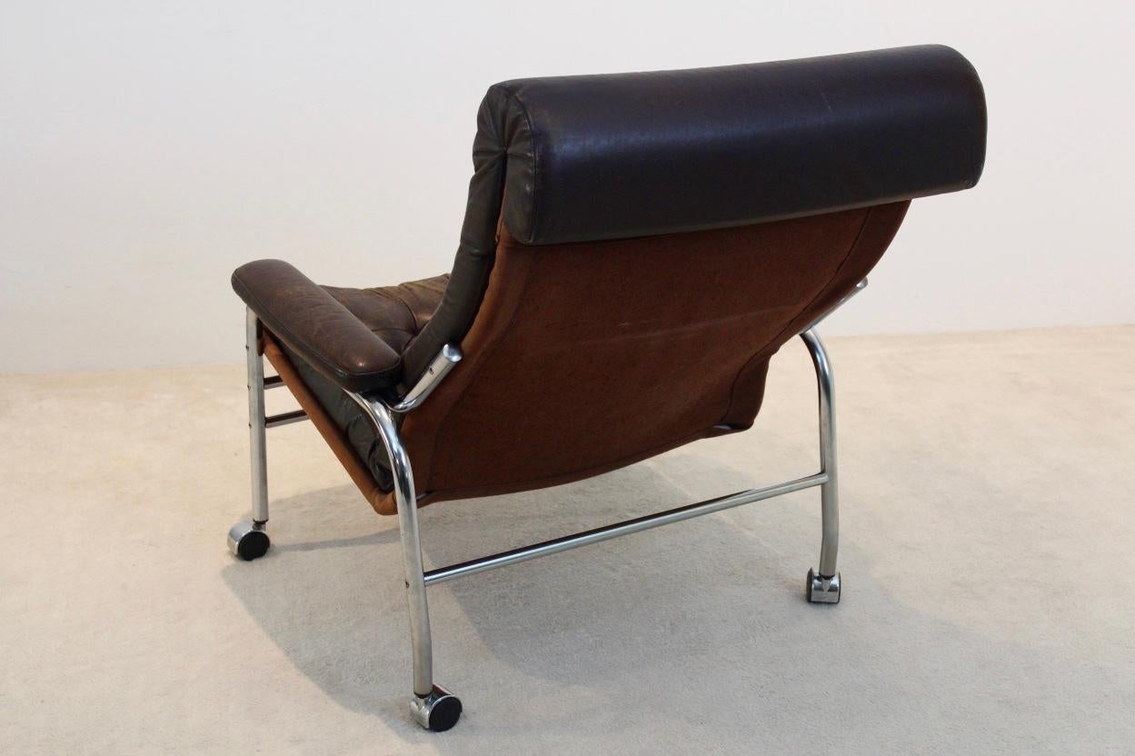 Steel Rare Pair of Noboru Nakamura 'Bore' Leather Lounge Chairs with Footstool, 1970s For Sale