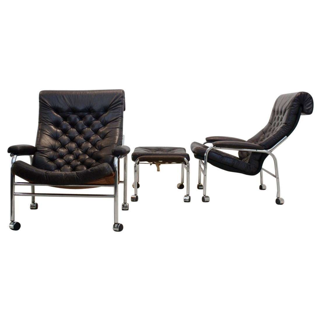 Paire rare de chaises longues en cuir « Bore » de Noboru Nakamura avec pouf, 1970