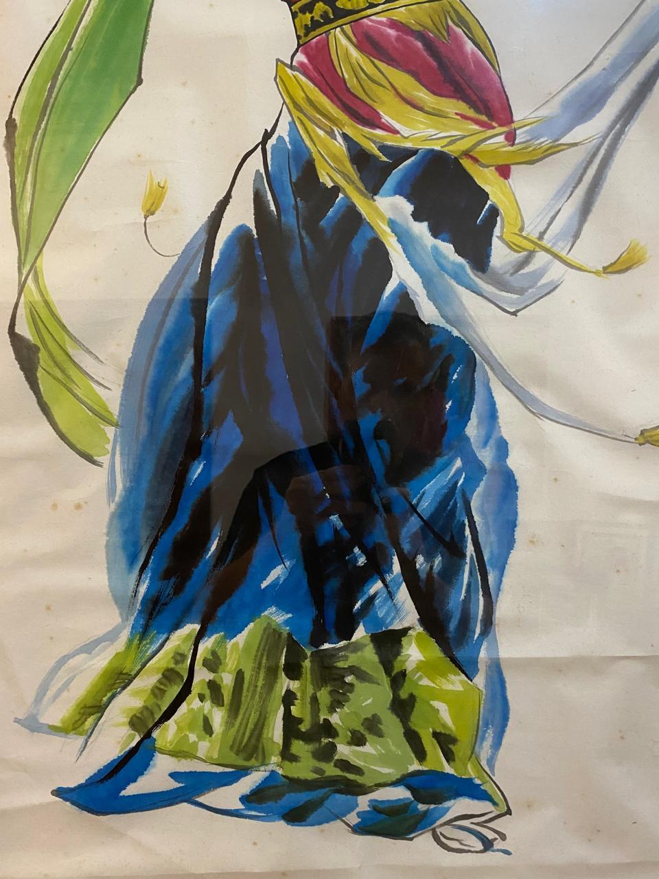 Rare paire de peintures d'art nord-coréen - Danse traditionnelle du tambour sur papier de riz en vente 3