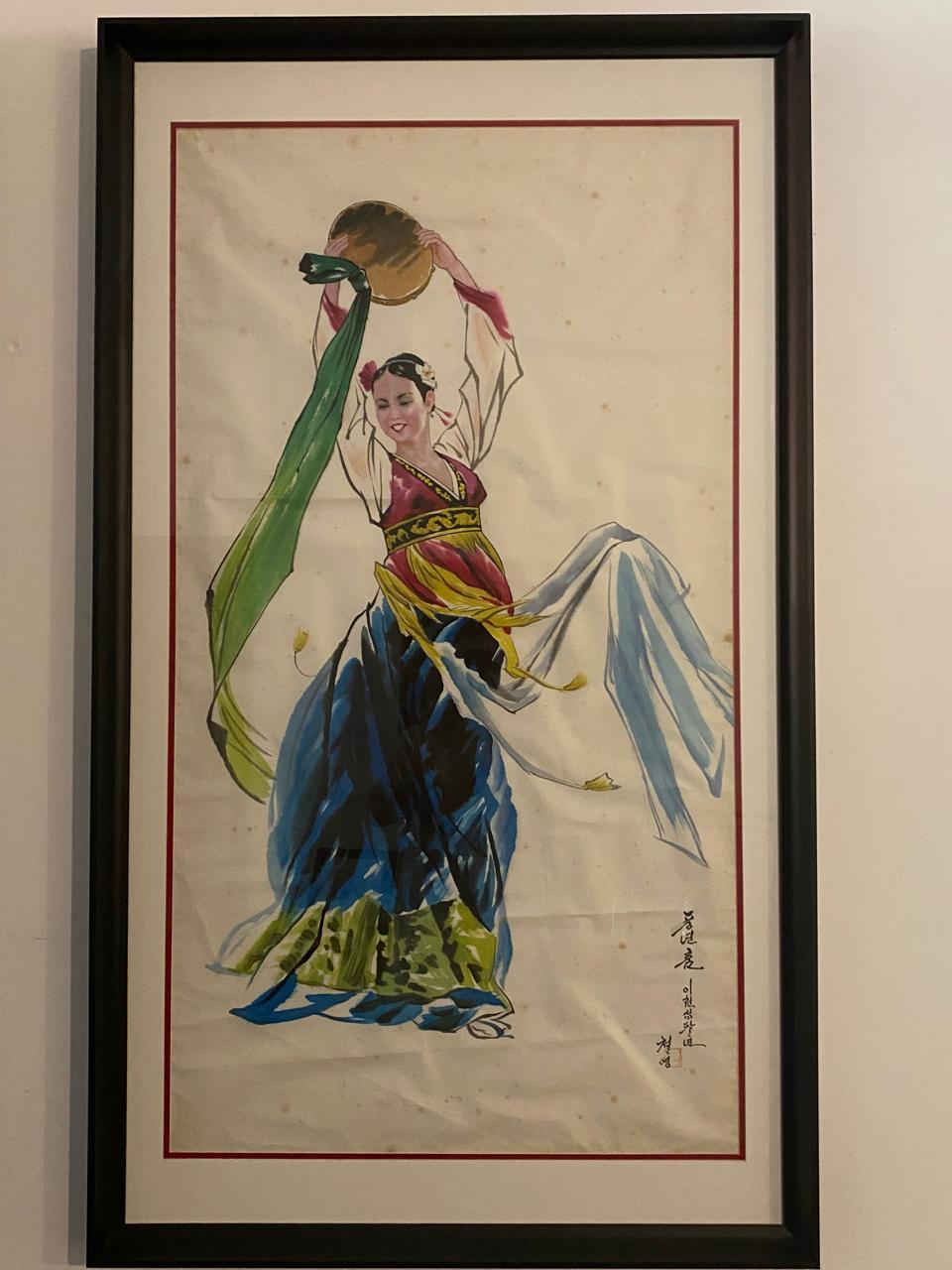 20ième siècle Rare paire de peintures d'art nord-coréen - Danse traditionnelle du tambour sur papier de riz en vente
