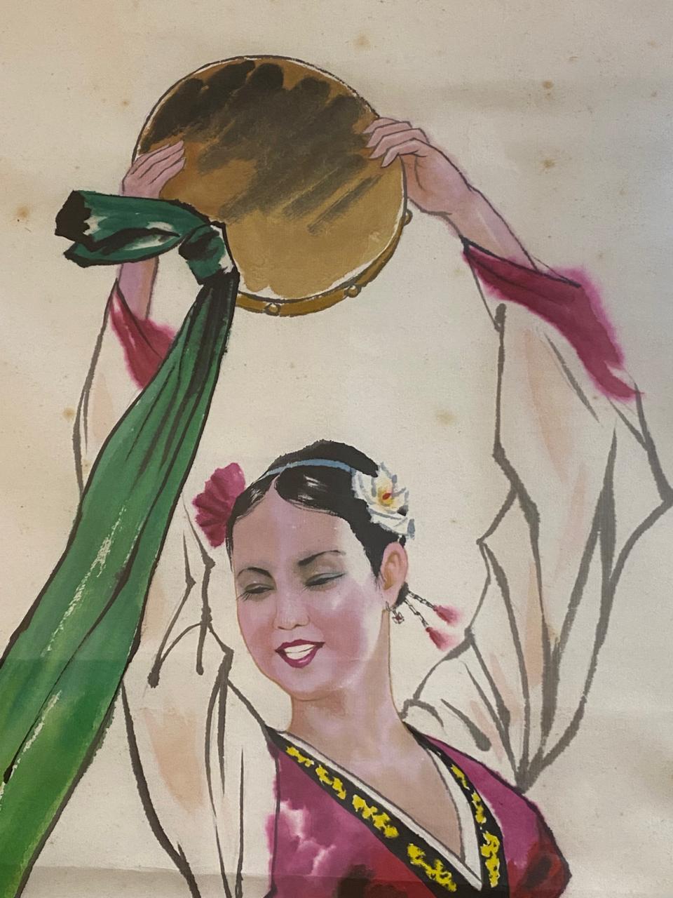 Papier Rare paire de peintures d'art nord-coréen - Danse traditionnelle du tambour sur papier de riz en vente