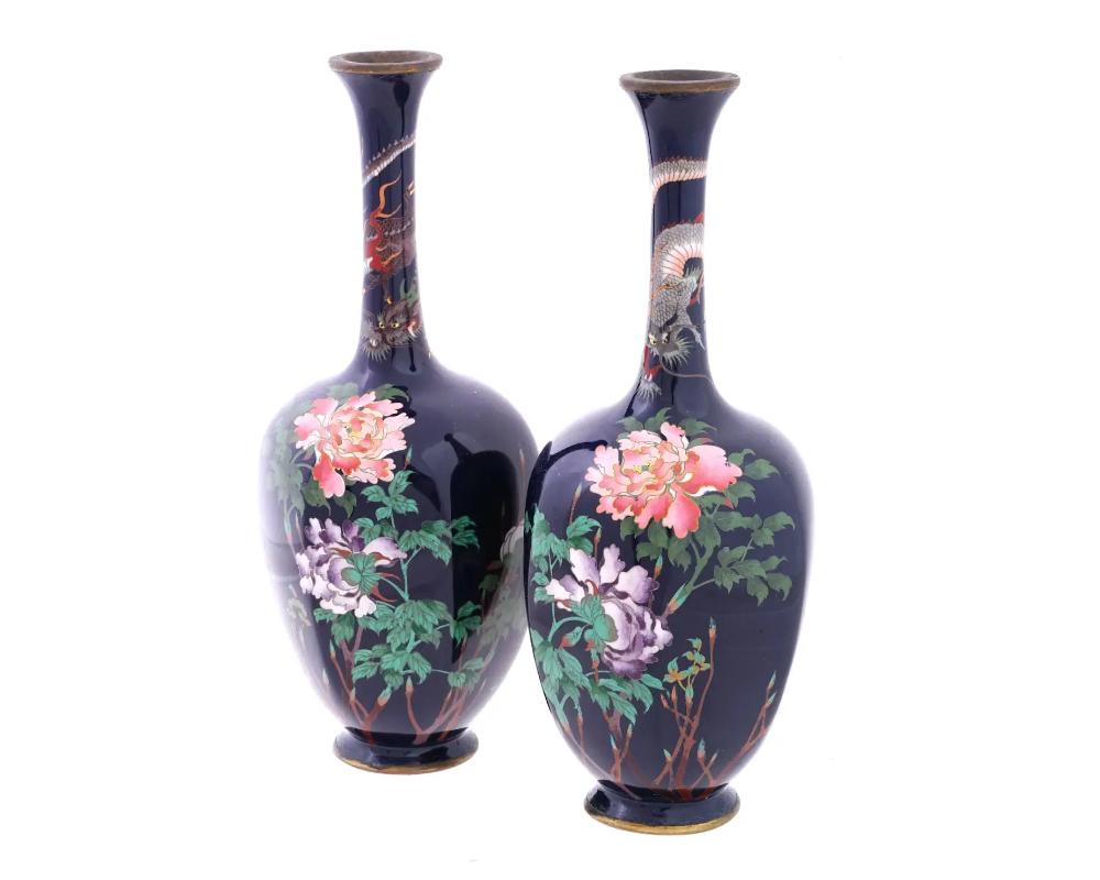 Meiji Rare Pair of Octagon Shaped Japanese Cloisonné Dragon and Flower Vases For Sale