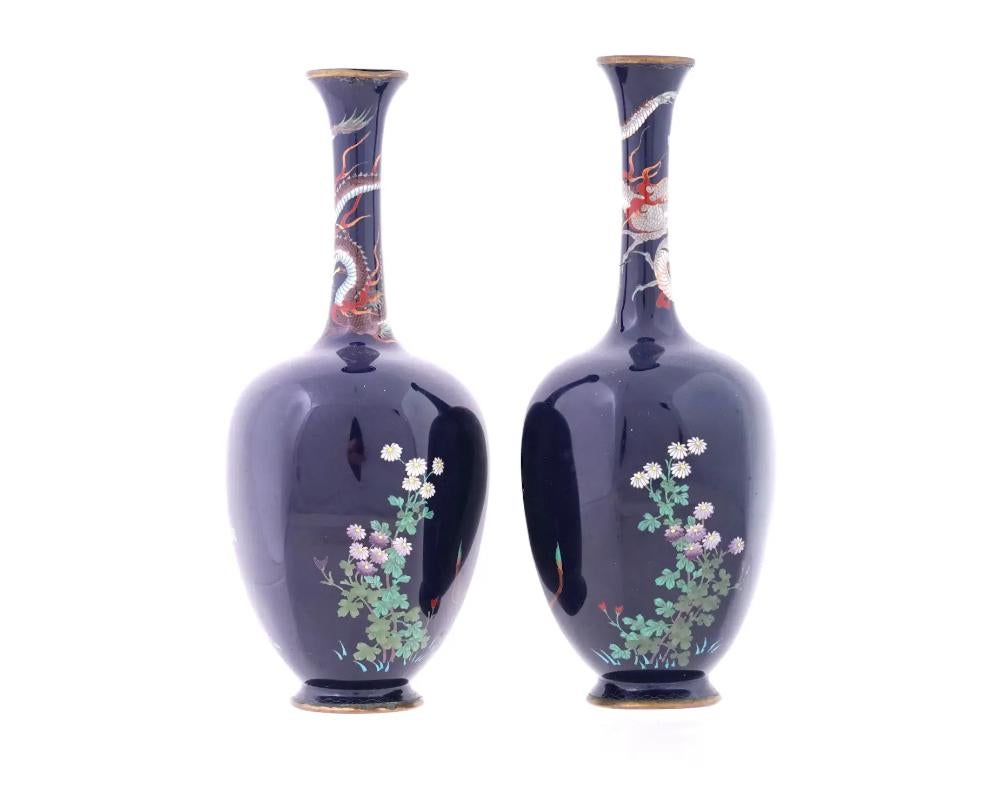Cloissoné Rare Pair of Octagon Shaped Japanese Cloisonné Dragon and Flower Vases For Sale