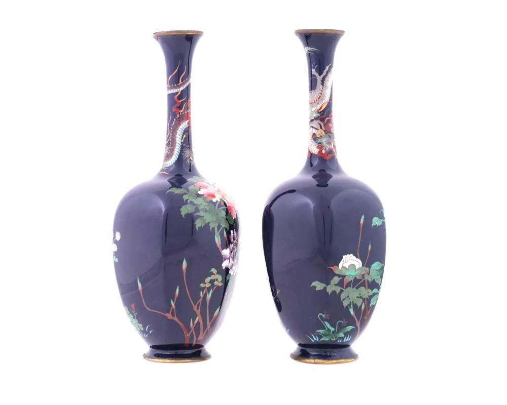 Rare Pair of Octagon Shaped Japanese Cloisonné Dragon and Flower Vases In Good Condition For Sale In New York, NY