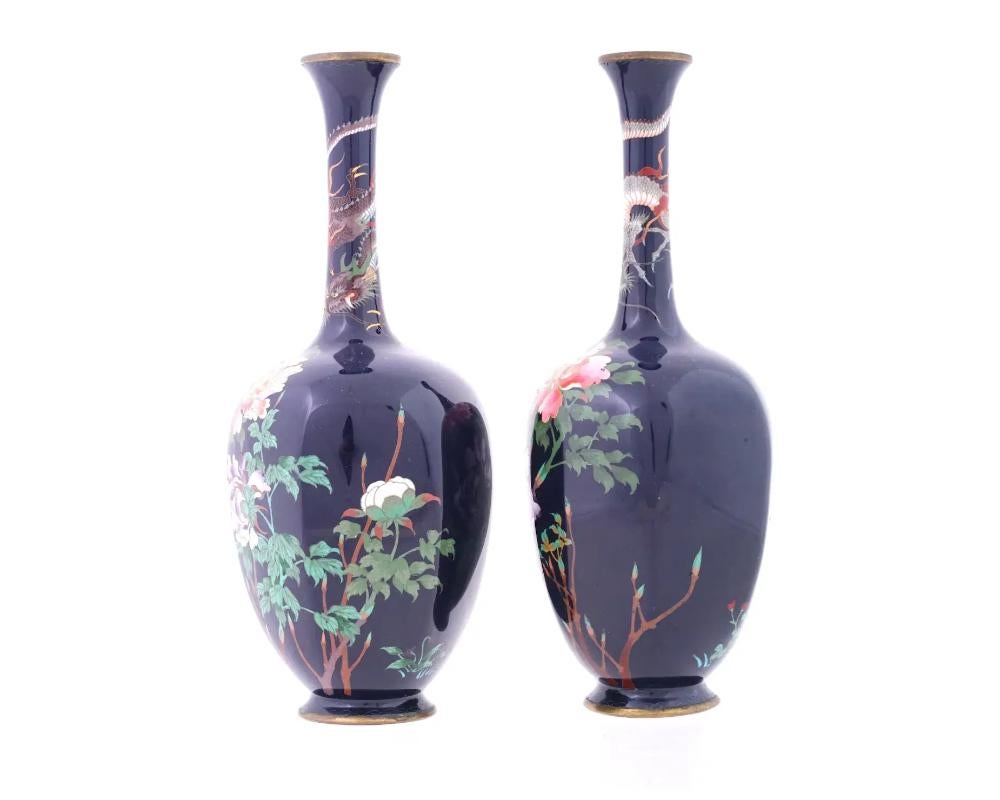19th Century Rare Pair of Octagon Shaped Japanese Cloisonné Dragon and Flower Vases For Sale