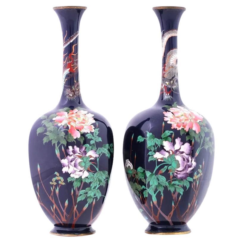 Rare Pair of Octagon Shaped Japanese Cloisonné Dragon and Flower Vases For Sale