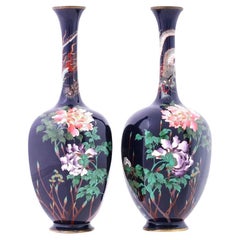 Antique Rare Pair of Octagon Shaped Japanese Cloisonné Dragon and Flower Vases