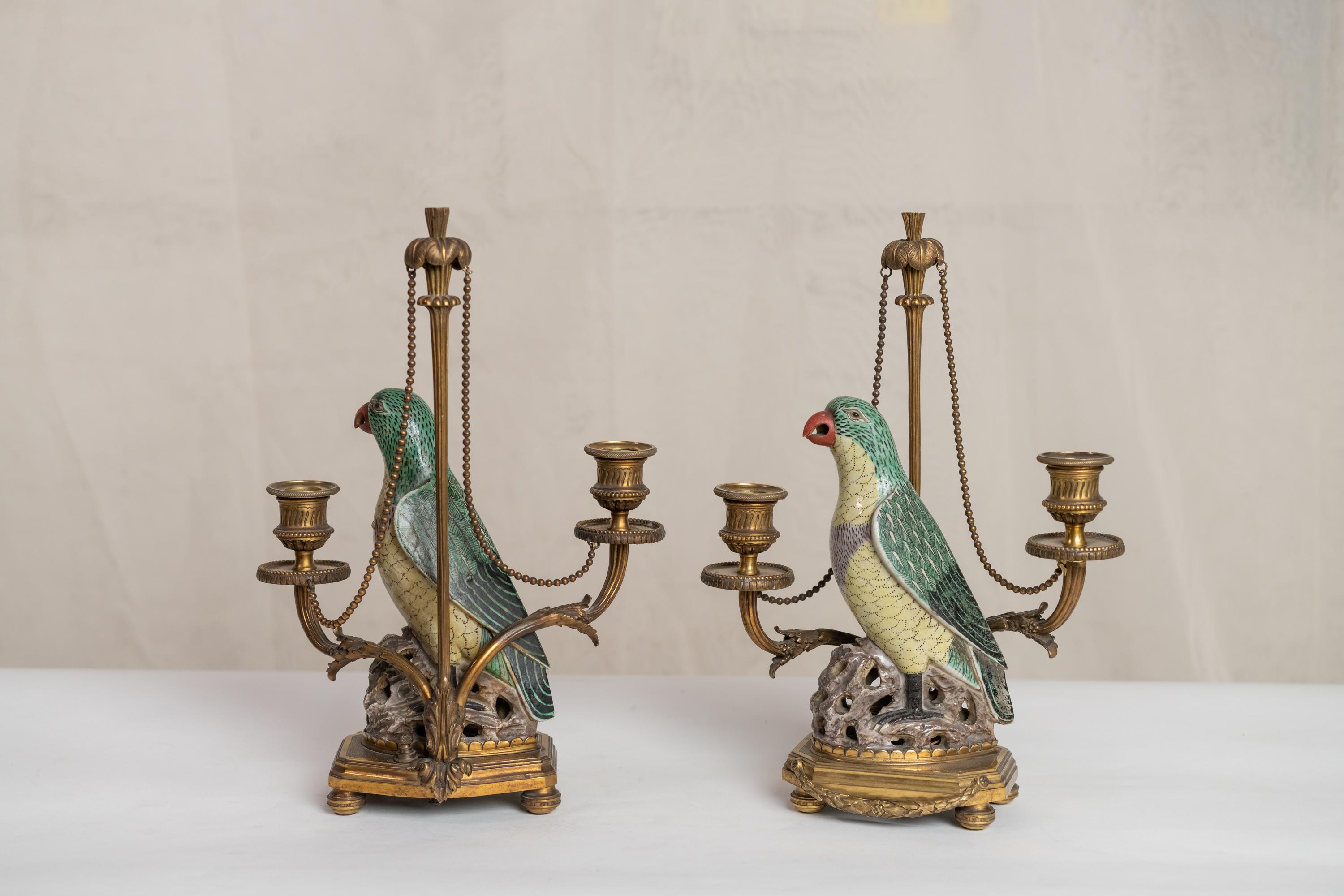 Rare pair of 18th century-19th century Chinese porcelain parrots candelabra resting gilt bronze Louis XVI style bases.