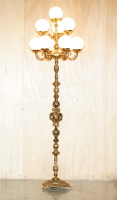 RARE PAIR OF ORIGINAL ART DECO 1920's 9 BRANCH OPALINE GLASS & BRASS FLOOR LAMPS