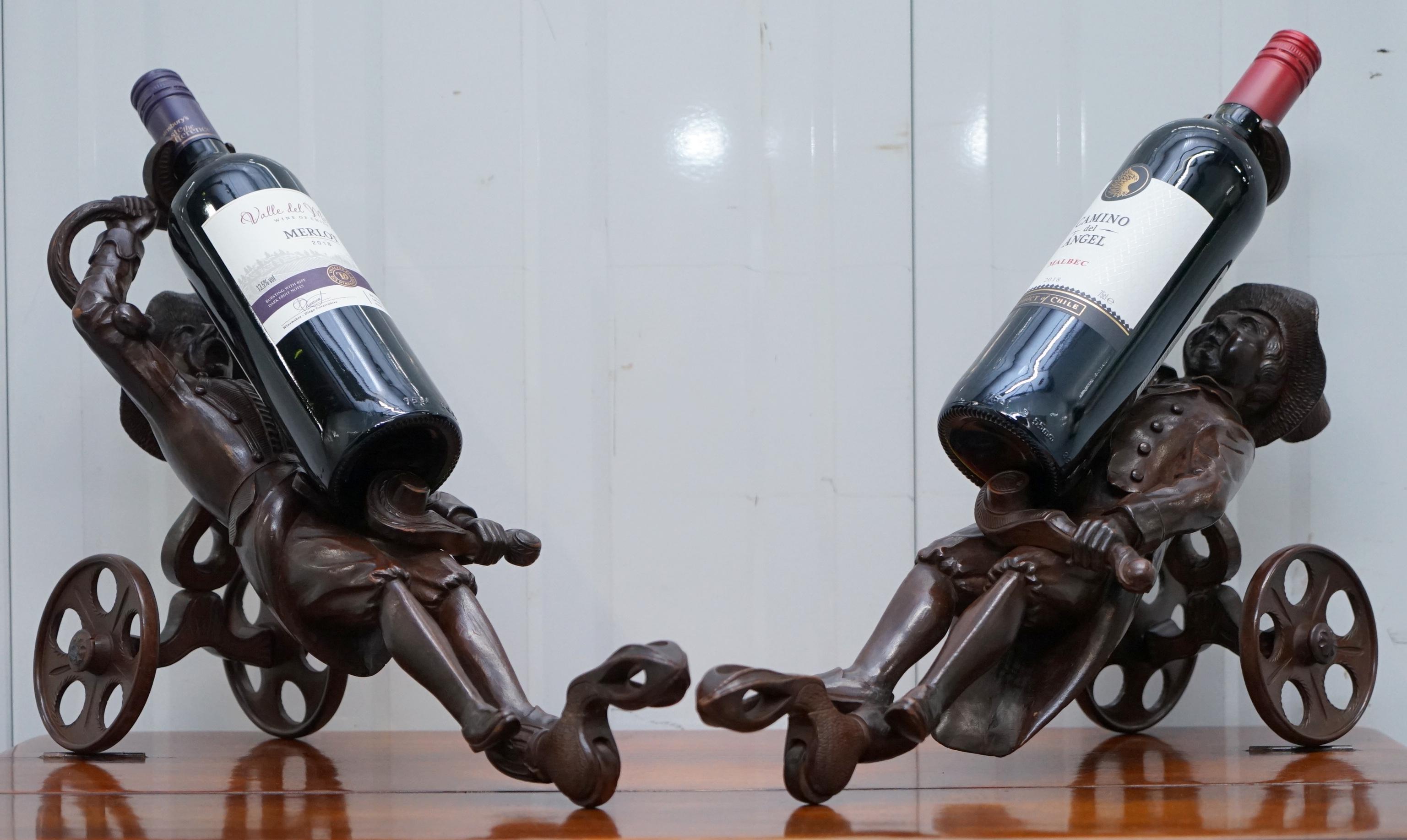 Rare Pair of Original circa 1880 Black Forest Carved Wood Wine Bottle Holders 15