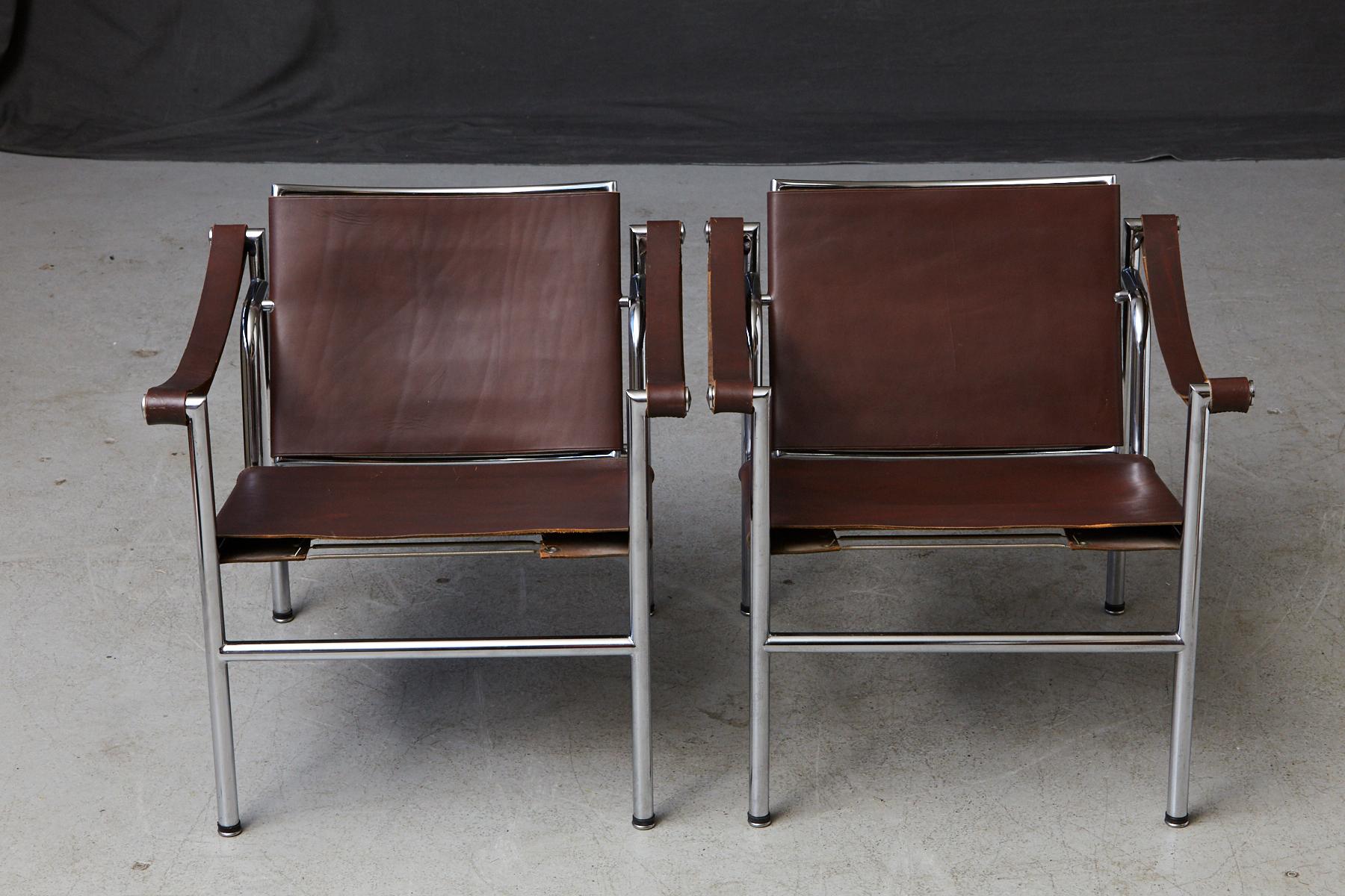 An extraordinary pair of original 'Corbu' armchairs, designed by Le Corbusier, Charlotte Perriand and Pierre Jeanneret, manufactured by Wohnbedarf in Switzerland and imported by Stendig Inc in the 1960s.
The chair is now called the LC1 and is