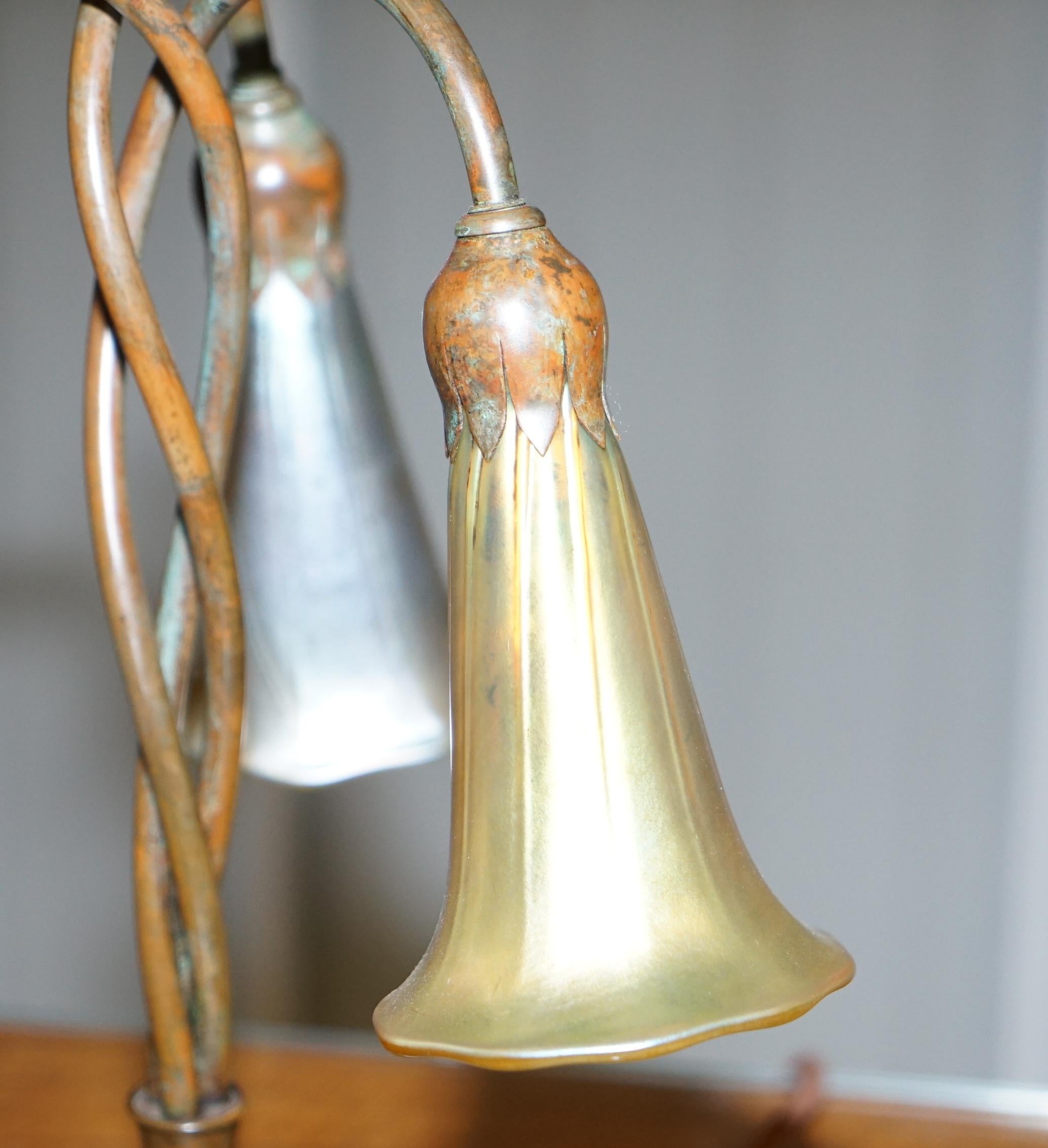 Rare Pair of Original Tiffany Studios Lamps Favrile Glass Shades Solid Bronze 4