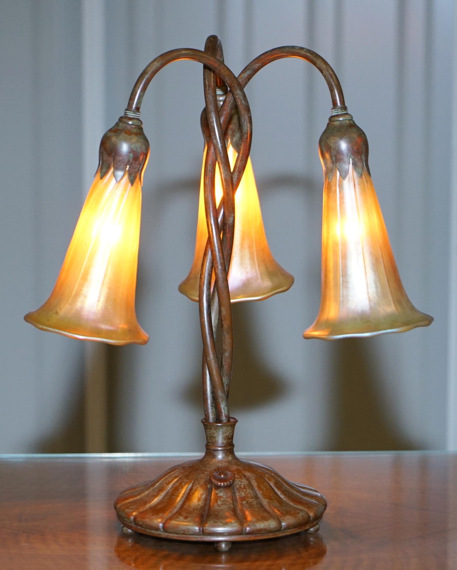 Rare Pair of Original Tiffany Studios Lamps Favrile Glass Shades Solid Bronze 7