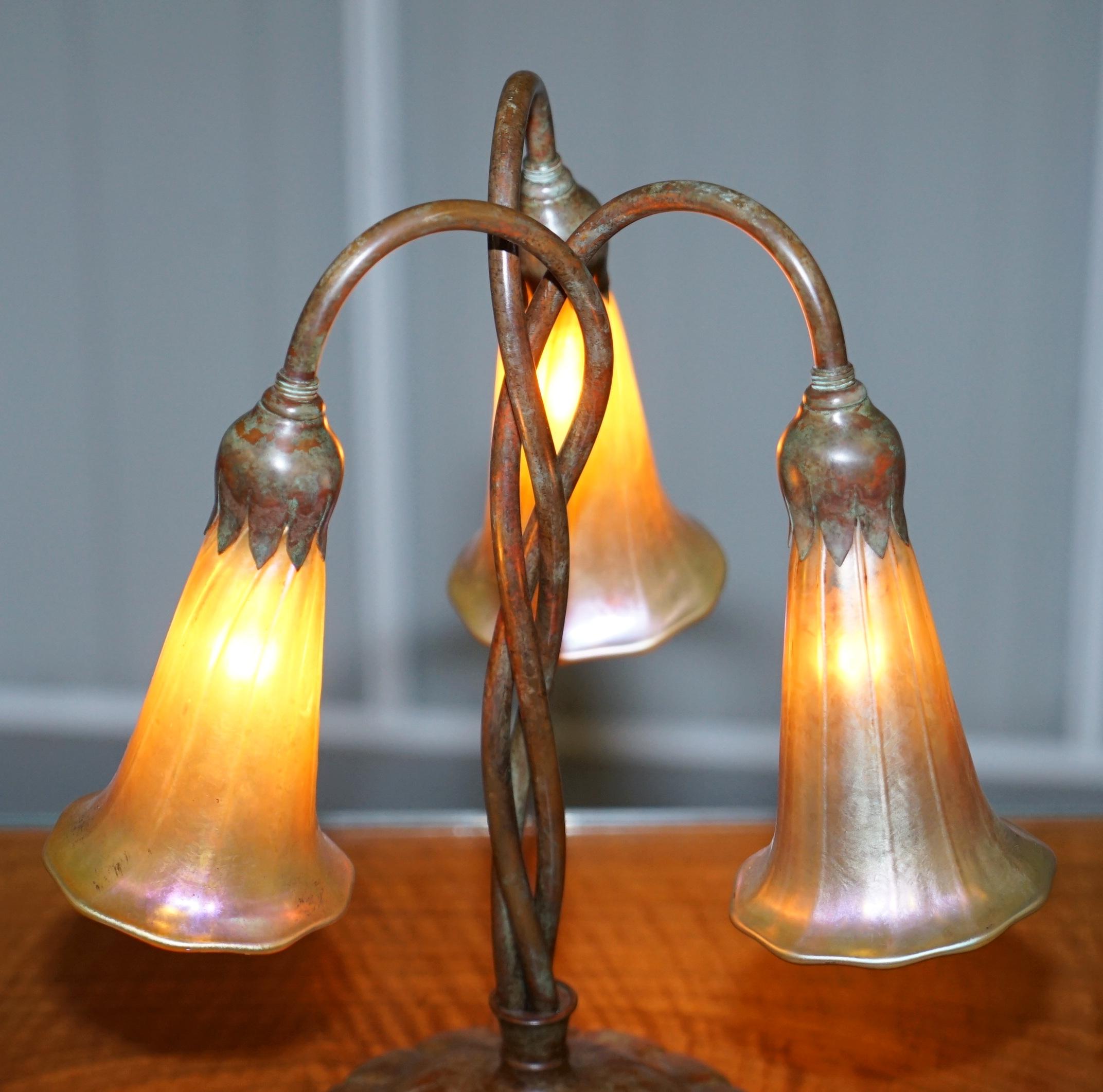 Rare Pair of Original Tiffany Studios Lamps Favrile Glass Shades Solid Bronze 8