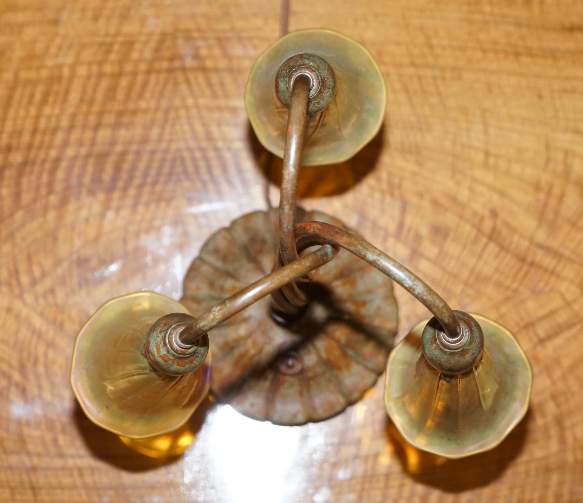 Rare Pair of Original Tiffany Studios Lamps Favrile Glass Shades Solid Bronze 12