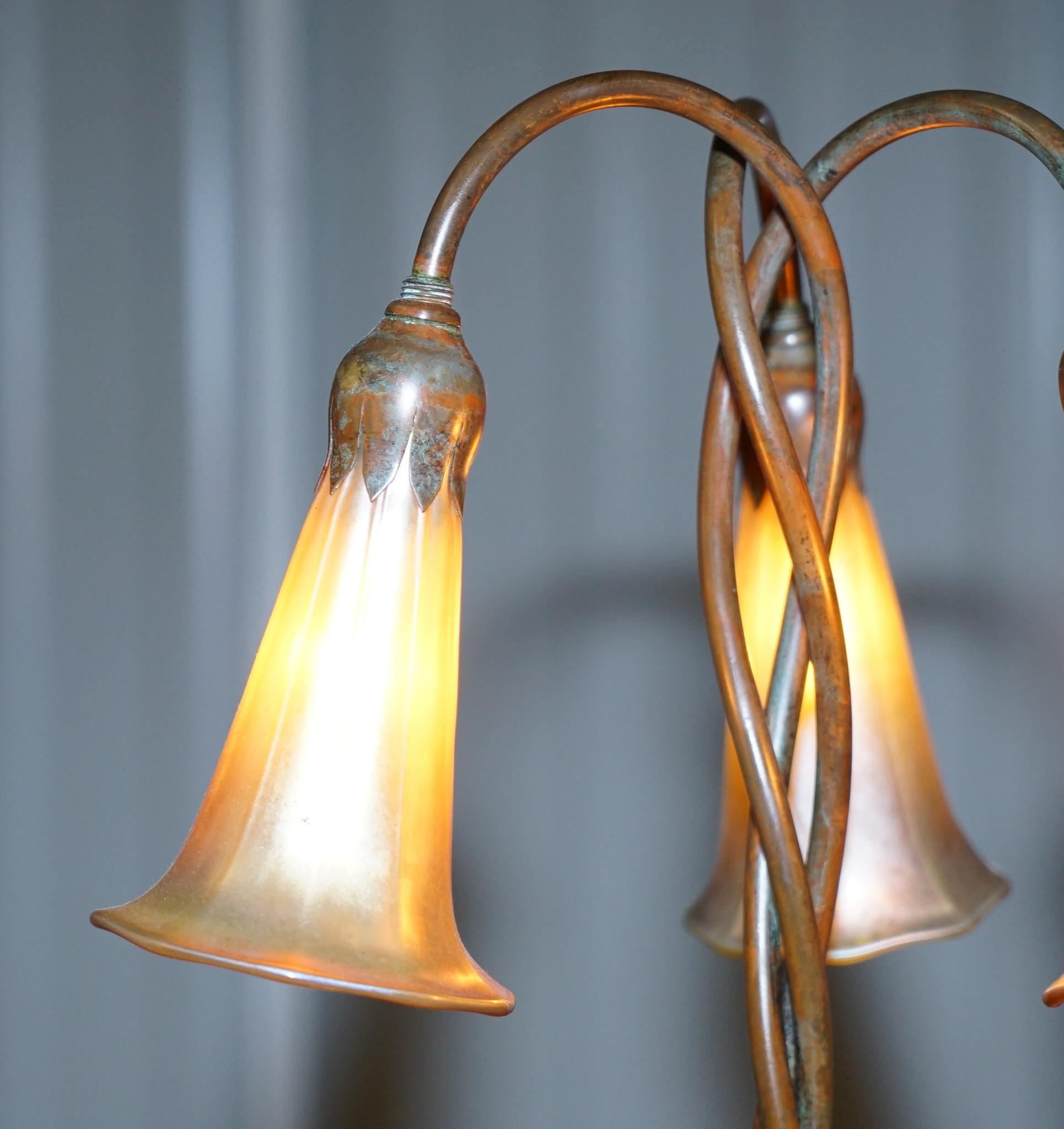 Edwardian Rare Pair of Original Tiffany Studios Lamps Favrile Glass Shades Solid Bronze