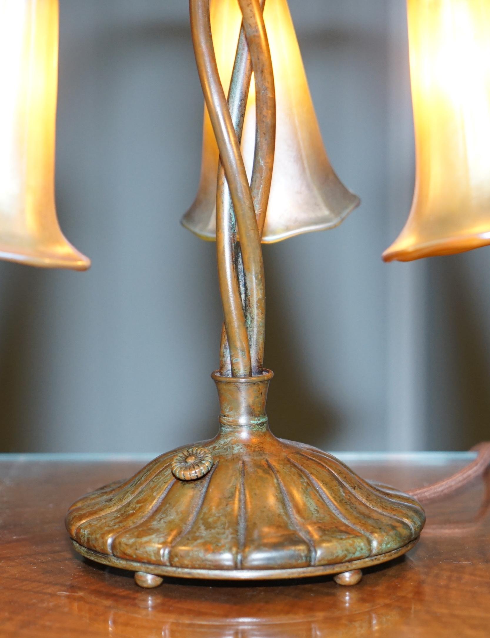 American Rare Pair of Original Tiffany Studios Lamps Favrile Glass Shades Solid Bronze