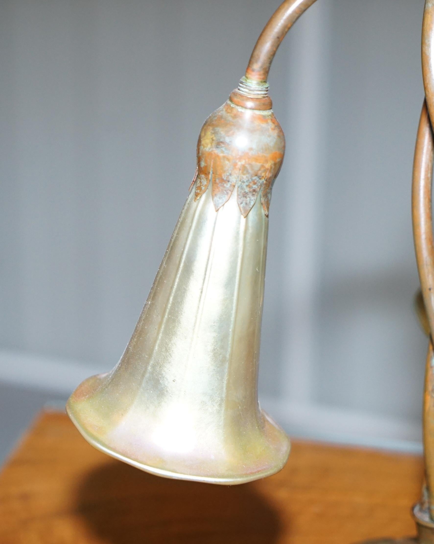 Rare Pair of Original Tiffany Studios Lamps Favrile Glass Shades Solid Bronze 3