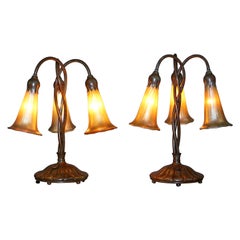 Used Rare Pair of Original Tiffany Studios Lamps Favrile Glass Shades Solid Bronze