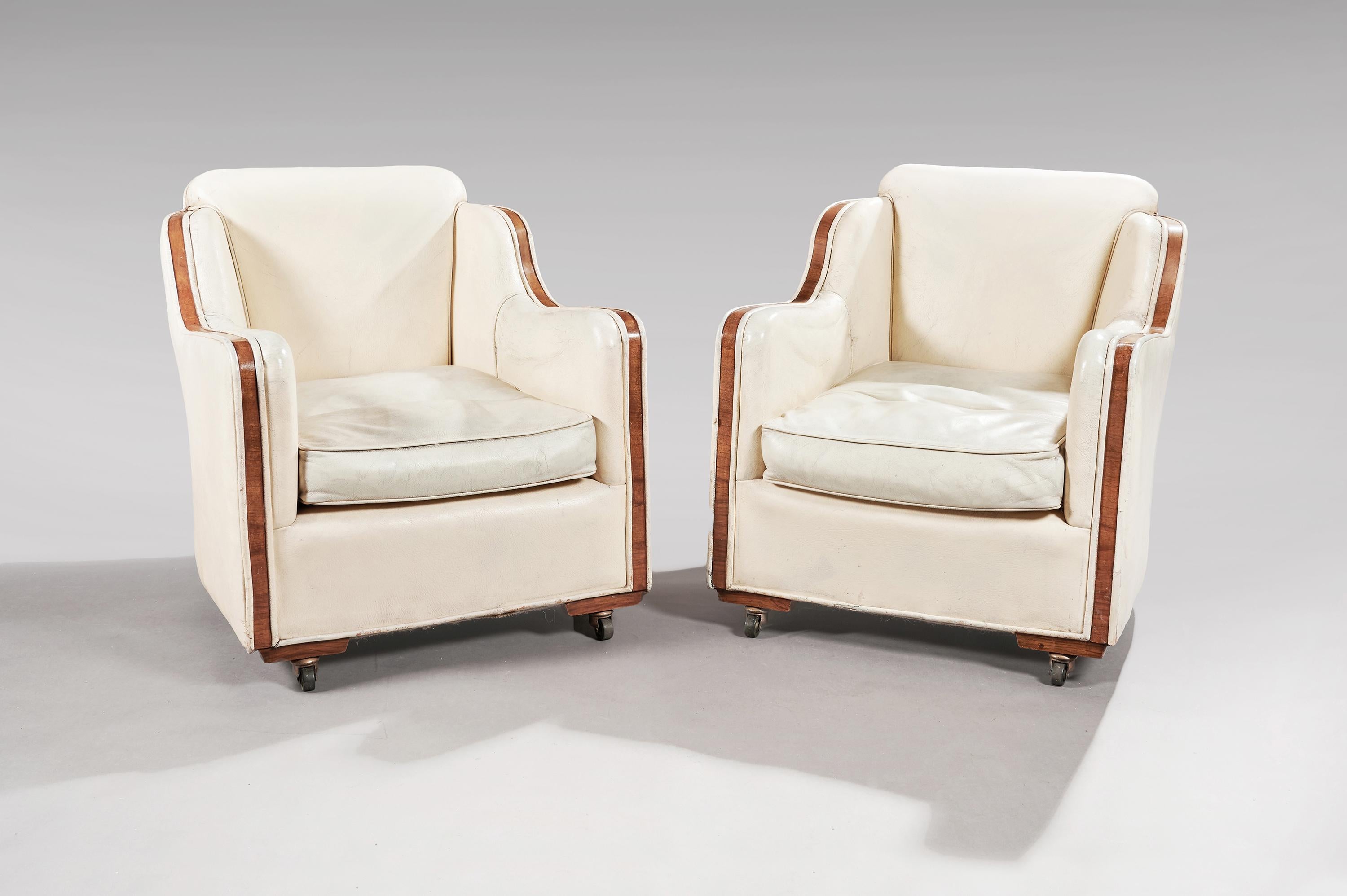 English Rare Pair of Original Walnut Epstein Art Deco Leather Armchairs