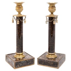 Rare Pair of Ormolu Mounted Swedish Faux Porphyry Candlesticks, E. 19th Century